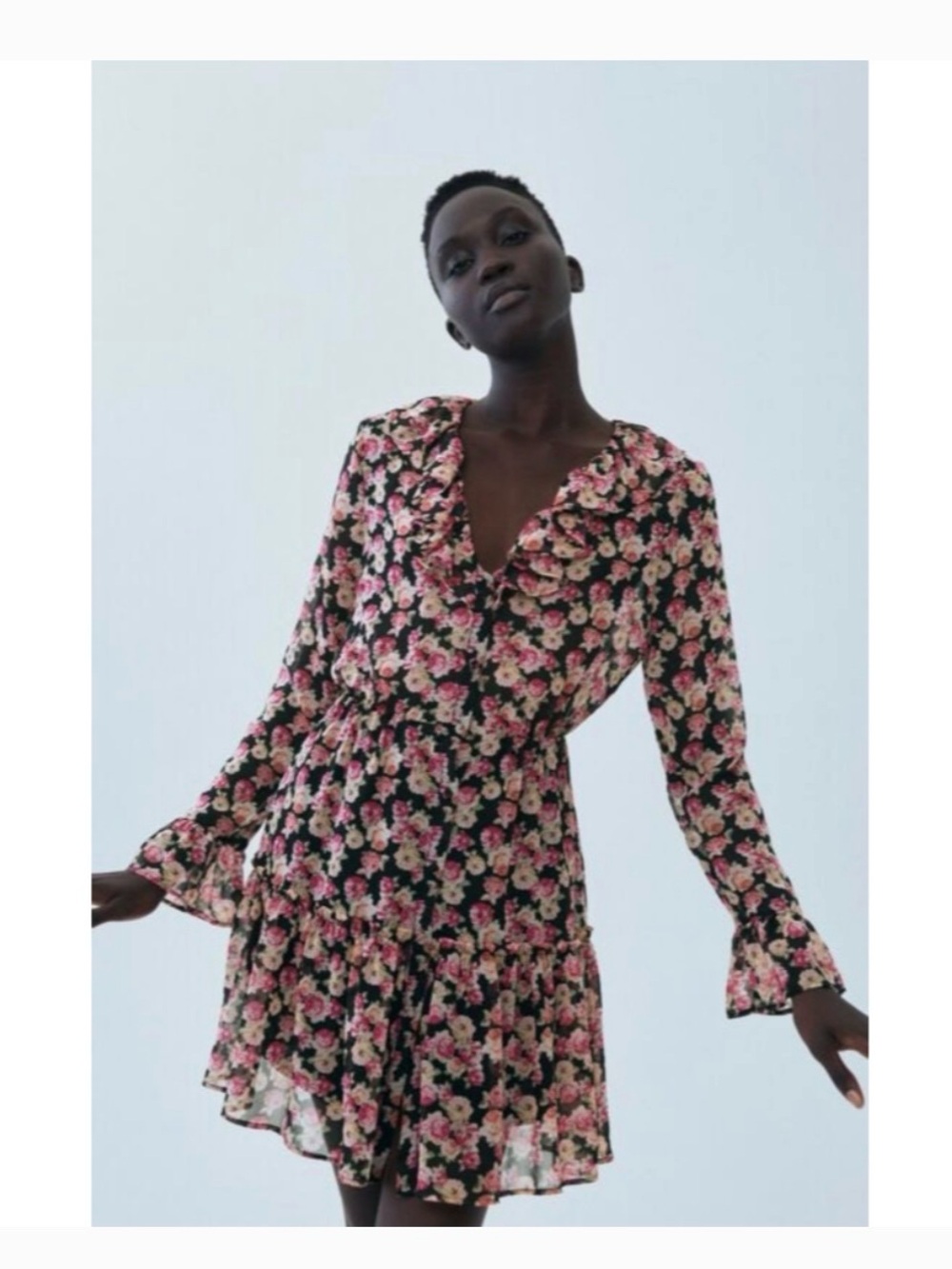 Zara Pink Floral Ruffle V-Neck Mini Dress on Black